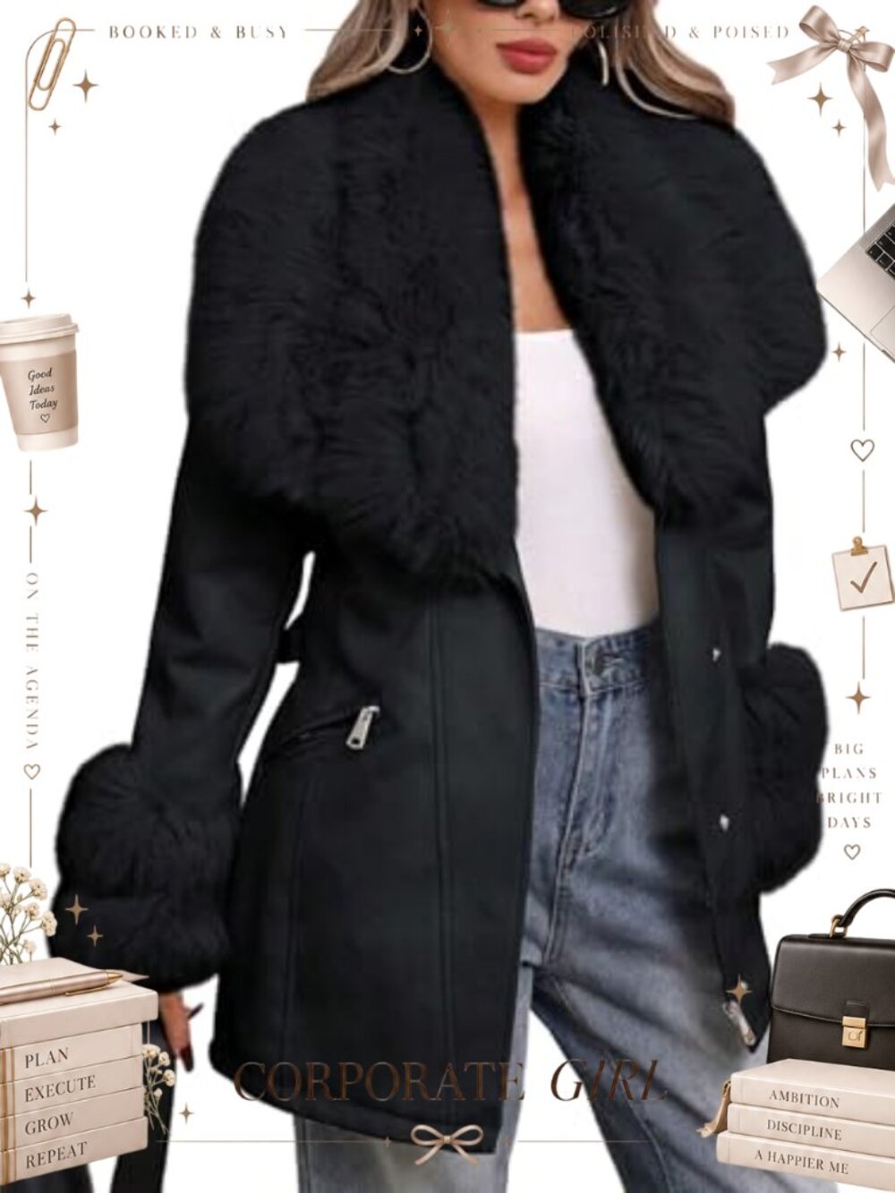 Faux Leather Jacket Winter Long Sleeve Warm Belt Coat with Fur Collar